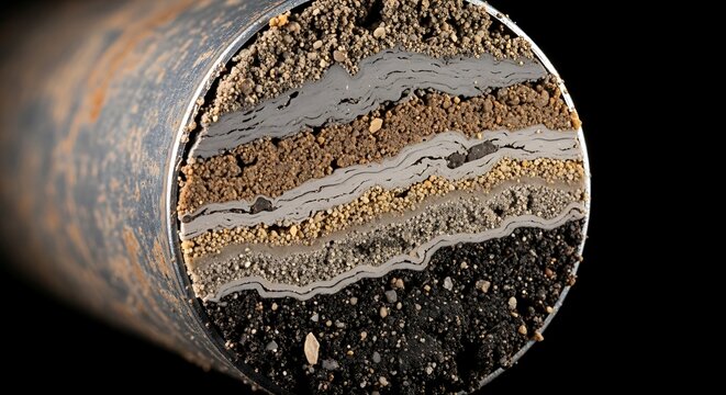 Layered soil core sample in metal tube with cross section, earth science