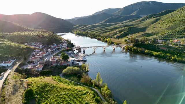 Aerial view of foz do sabor and douro river confluence