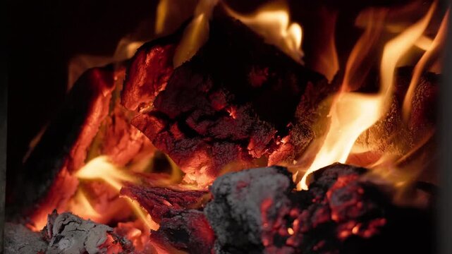 A close-up of powerful flames engulfing firewood, with sparks flying.