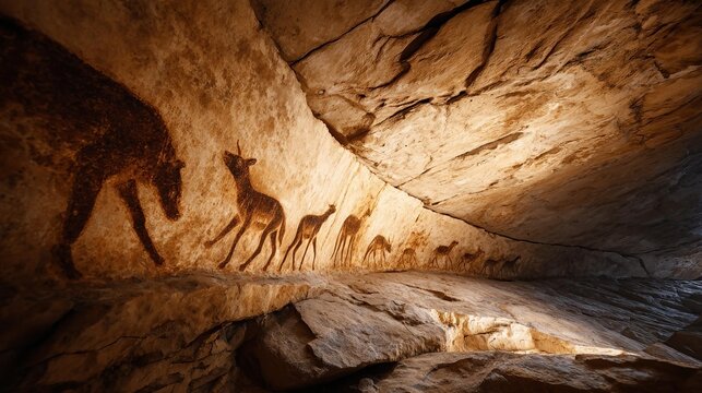 Ancient cave painting with animal figures on stone wall. Prehistoric rock art depicting wildlife. Paleolithic drawing representing civilization and primitive history of human culture.