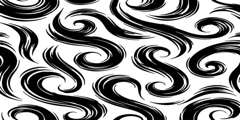 Obraz premium Seamless black brush stroke vector pattern with elegant swirls and flowing waves, hand-painted ink texture, monochrome high-contrast minimalist design