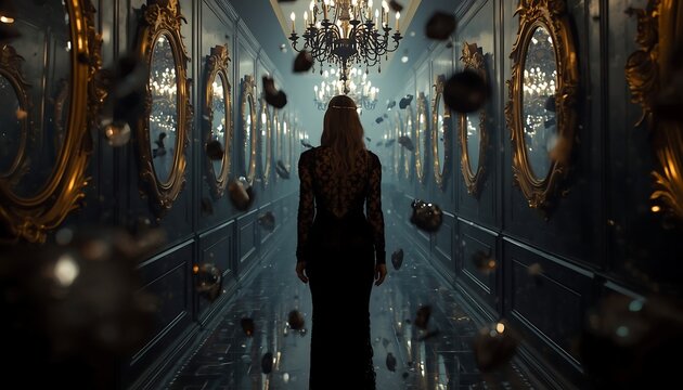 A mysterious woman in a flowing dark gown walks through an opulent hallway filled with reflections and levitating objects.