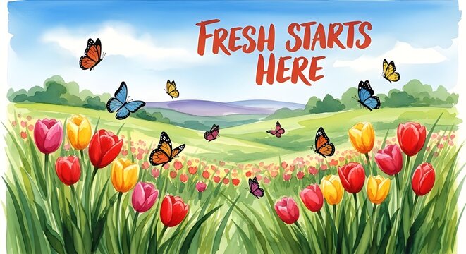 Watercolor illustration of a vibrant spring meadow with colorful tulips and butterflies under a bright blue sky with the text fresh starts here