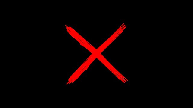 Animated red X error icon &mdash; expressive brushstroke mark on a transparent background, designed for clean overlay use in motion graphics and black background