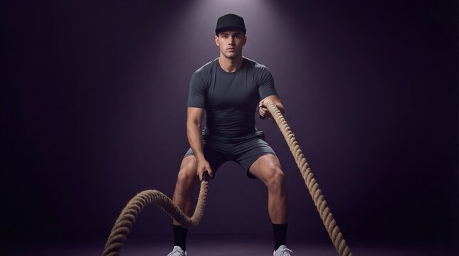 A young Caucasian man exercises with battle ropes in a dark studio. He wears a black cap and athletic clothing, focusing on strength training.