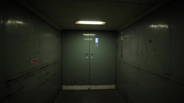 Inside of a dark industrial elevator that is moving downward to the ground floor. You can easy reverse the footage to get the elevator move upward.