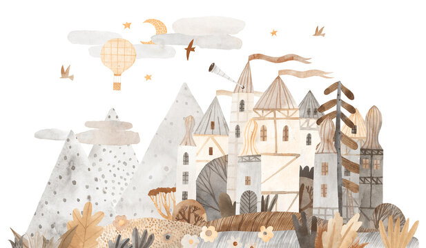 Cute castle, mountains, hot air balloon. Vintage style. Design for a children's room, poster, postcard.