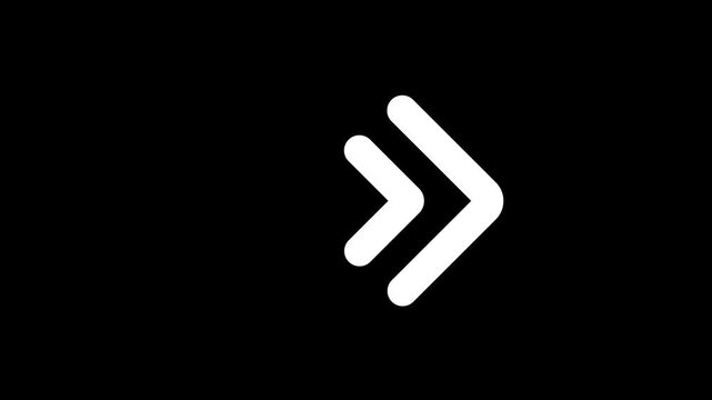 Minimalist white chevron arrows animation, sequential right-pointing motion graphic, clean directional interface element, black background