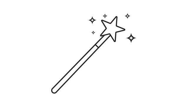 Magic Wand with Star and Sparkles, Minimalist Black Line Vector Icon Illustration on White Background, Featuring Editable Stroke for Customizable Line Weight, Perfect for Fantasy and Magic Themes.