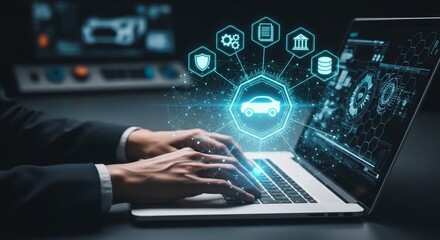 Fototapeta premium Business professional analyzing AI technology and data analytics on laptop with digital overlay