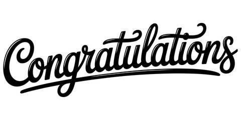 A stylish black script typography design displaying the word congratulations in a cursive font on a clean solid white background. Vector, illustration © Anima Rani