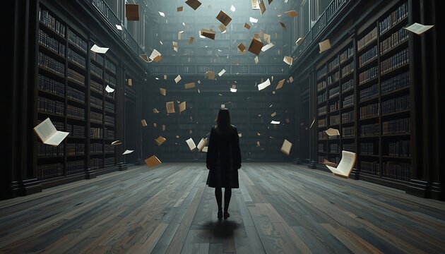 A mysterious woman stands in a vast, dark library as countless old books and pages magically float around her.