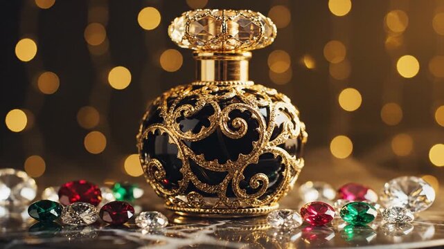 Ornate gold perfume bottle with colorful gemstones and bokeh lights