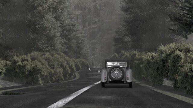 Vintage Shiny Retro Car Driving Through Forest, Muted Colors, Cinematic 4K Animation