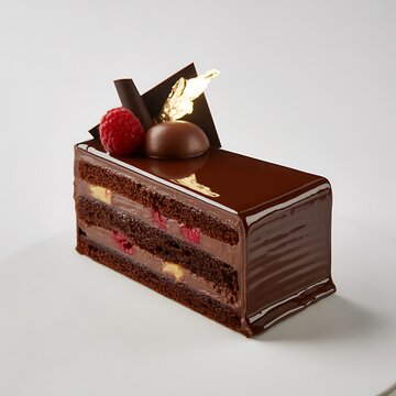 Elegant chocolate rectangle cake slice with mirror glaze topped with fresh raspberry and gold leaf garnish chocolate raspberry background restaurant patisserie culinary delicious decadent