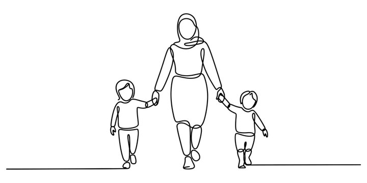A single continuous line drawing of a mother wearing a hijab while walking hand in hand with her two small young children now. Vector, illustration