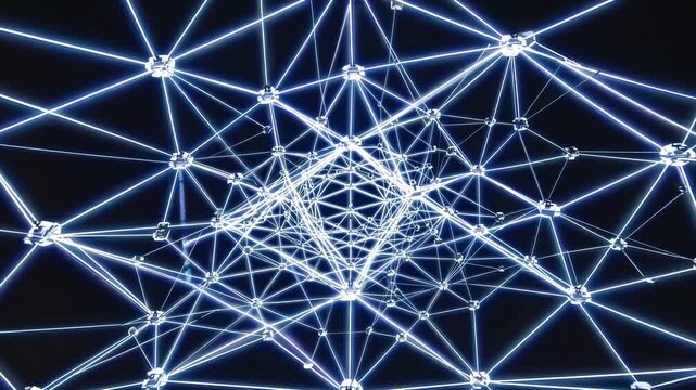 Abstract animated neural connection with vibrant neon magnetic flows. Dynamic simulated bandwidth circuits forming interconnected vortex structures with pulsating points and vivid neon lines