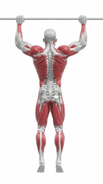 Man performing pull-ups with back muscles highlighted, latissimus dorsi activation, anatomy animation for fitness