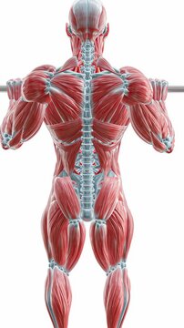 Man performing pull-ups with back muscles highlighted, latissimus dorsi activation, anatomy animation for fitness