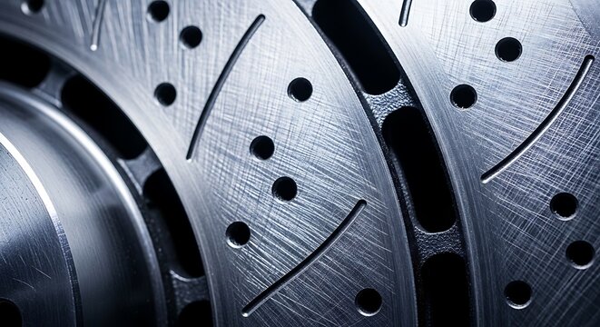 Macro detail of drilled and slotted performance brake rotors with brake rotor