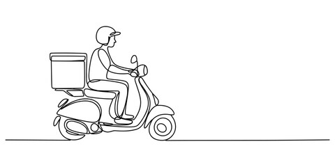 A single continuous line drawing of a courier wearing a helmet and riding a scooter to deliver a package to a customer now. Vector, illustration © Kailash Roy