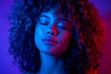 Fototapeta premium Woman With Curly Hair Poses With Closed Eyes Under Blue and Red Lights During a Creative Art Project