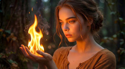 Naklejka premium Mystical young woman holding magical flame in dark forest. Sorceress performing fire spell in woodland setting at dusk.