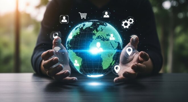 Hands holding glowing digital Earth with sustainability icons in nature backdrop