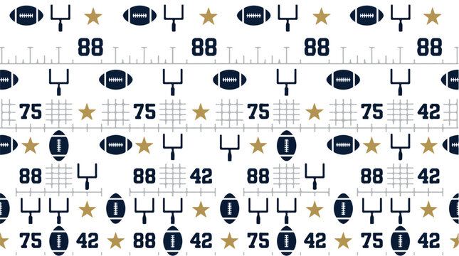 Seamless American football pattern featuring goalposts, leather footballs, jersey numbers and gold stars on navy grid