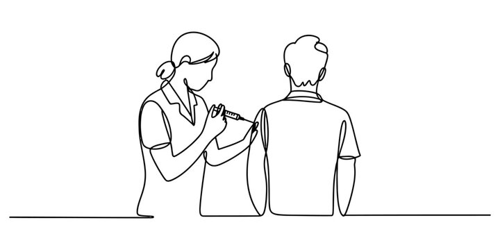 Continuous line drawing of a professional nurse administering a medical vaccine injection into the arm of a patient in clinic. Vector, illustration