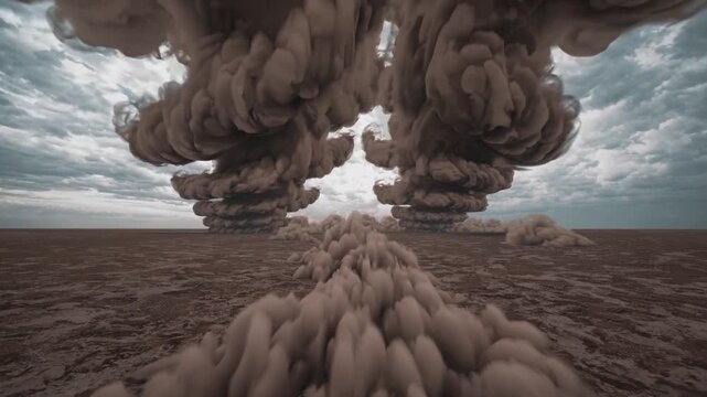 Sunken terrain with billowing clouds. Darkened landscape with rising smoke and expansive devastation scenes. Dramatic aerial view capturing vast destruction and foreboding sky during catastrophe