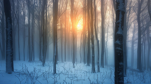 Sunrise in a serene snowy forest with trees and underbrush