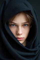 Fototapeta premium Adolescent boy wrapped in black hoodie intense stare closeup portrait