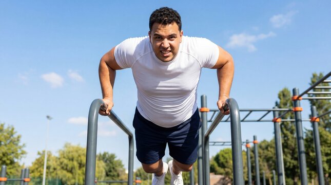 A young man performs push-ups on parallel bars in a park. He wears a white t-shirt and blue shorts, with a determined expression against a clear sky.