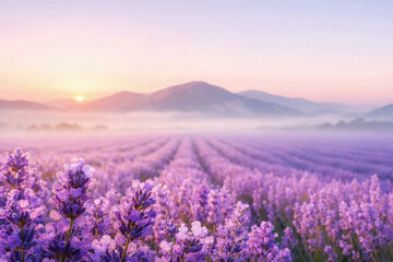 Obraz premium Dawn lavender field with dew covered purple flowers in foreground and neat rows leading to misty mountains at sunrise tranquil morning lavender field concept