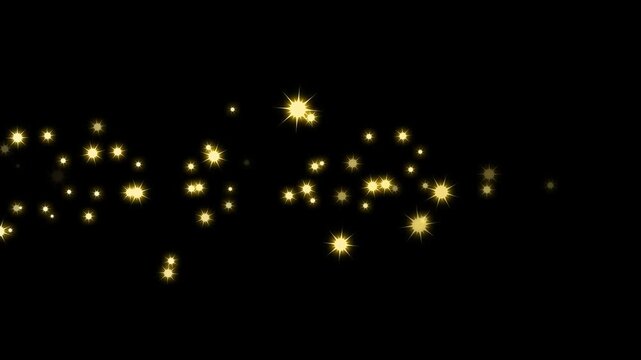 Luxury golden and white glitter star trail animation with twinkling particle burst, magical sparkle dust flow, seamless loop 4k overlay, glowing twinkle light flare motion graphics on black screen