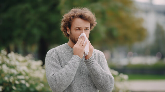 Man blowing nose in paper tissue outdoors during allergy season. Sick guy suffering from seasonal pollen allergy symptoms. Health problem, rhinitis and sneezing in public natural park.