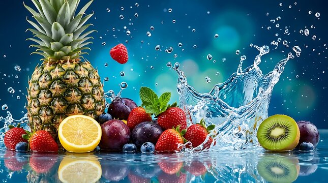 Buah nanas, stroberi, lemon, anggur, kiwi, bluberi, rasberi. Buah Tropis Menyegarkan dengan Tetesan Air yang estetik