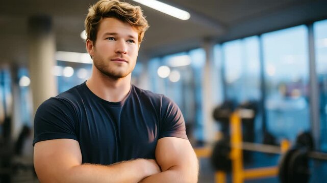 Young man anxiously standing alone in empty gym weight room at dawn, equipment unused, contemplating first workout routine, ideal for gym intimidation, beginner fitness, and modern