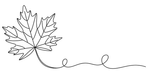 A single continuous line drawing of a maple leaf with a flowing stem that creates a simple and elegant nature themed design. Vector, illustration © Kailash Roy