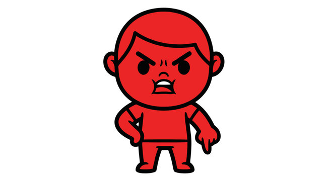 Angry red cartoon character standing alone.