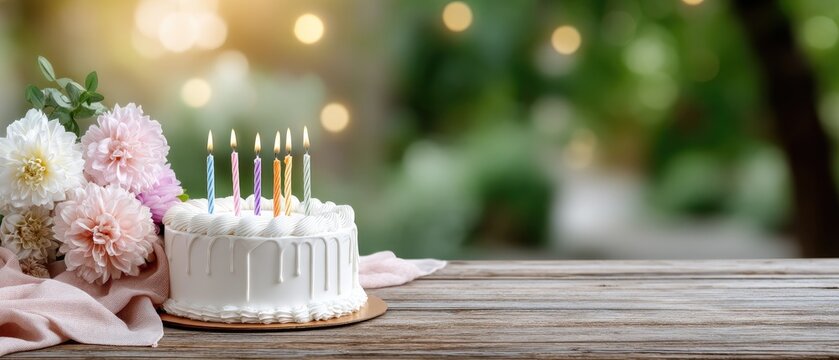 Celebration setup with birthday cake, colorful candles, flowers, and warm sunset lighting on a wooden table in an outdoor setting