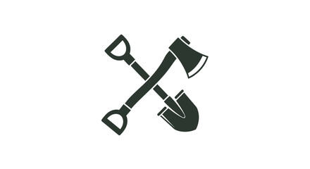 Black shovel and axe crossed tools. © Robot