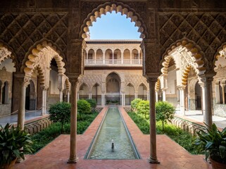 Naklejka premium Intricate mudejar architecture of the Royal Alcázar of Seville featuring the lush Courtyard of the Maidens in summer