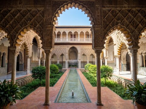Intricate mudejar architecture of the Royal Alc&aacute;zar of Seville featuring the lush Courtyard of the Maidens in summer