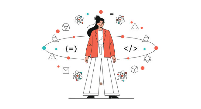 Programmer, coding, developer, woman, orange jacket, vector illustration, coding symbols