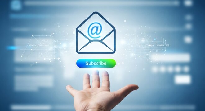 A hand interacting with a digital subscribe button and email icon on a futuristic interface