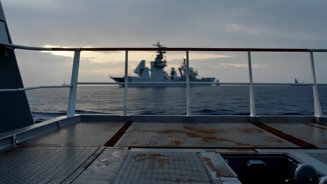Military warships escorting a convoy of crude oil and gas tankers through the strategic Strait of Hormuz to prevent a potential blockade and ensure safe passage
