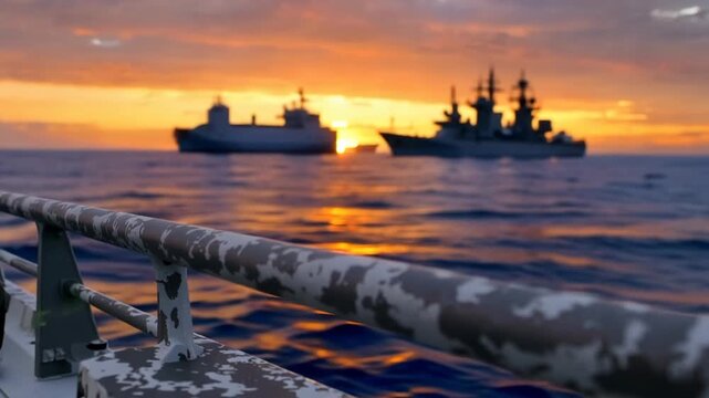 Warships sailing on the sea during a blockade mission in the Strait of Hormuz at sunset, showing military tension between America, Iran and the Middle East for oil