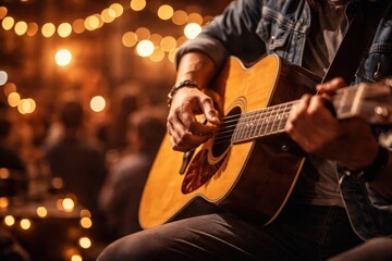Fototapeta premium Musician Playing Acoustic Guitar Live on Stage at a Concert